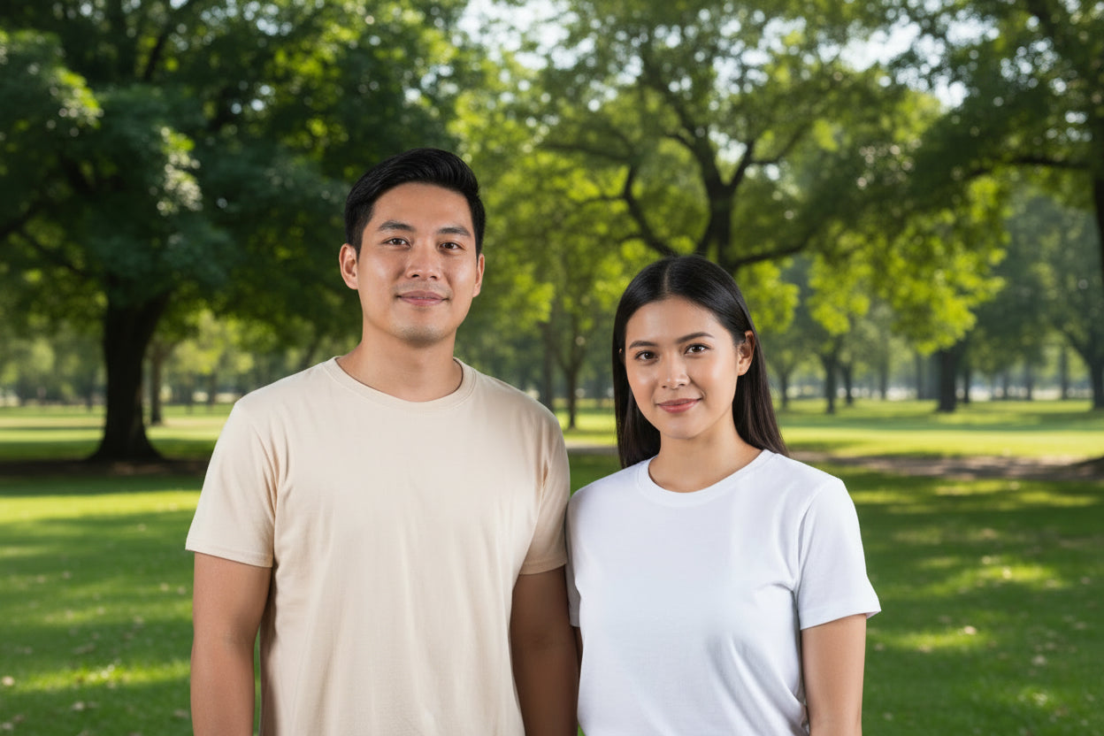 Two people standing in a park with green trees in the background